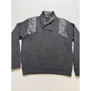 Saxony Mens Charcoal Gray Waffle Knit Sweater Leather Trim  Neck no size tag